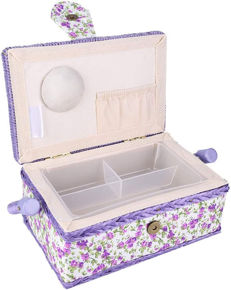 Beufee Sewing Basket, Vintage Sewing Tool Organizer Box Sewing Supplies Organizer for Storing Needles Thread, Sewing Basket with Handle & Removable Tray, Flower Pattern,Purple - Image 5